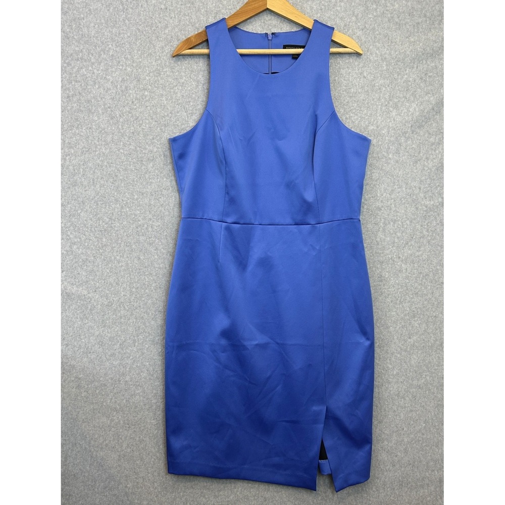 Banana Republic 16 Sheath Dress Blue Sleeveless Bella Satin Side Slit Cocktail